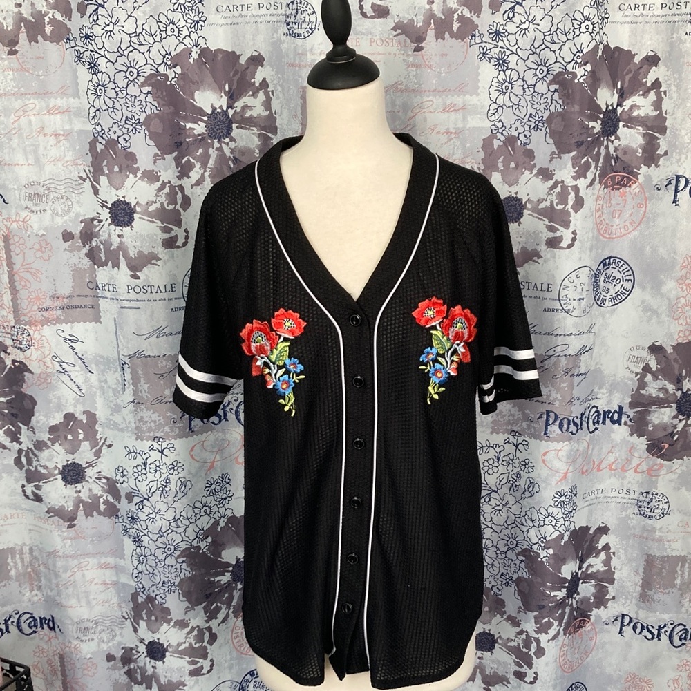 Forever 21 Black Floral Embroidered Baseball Jersey Top